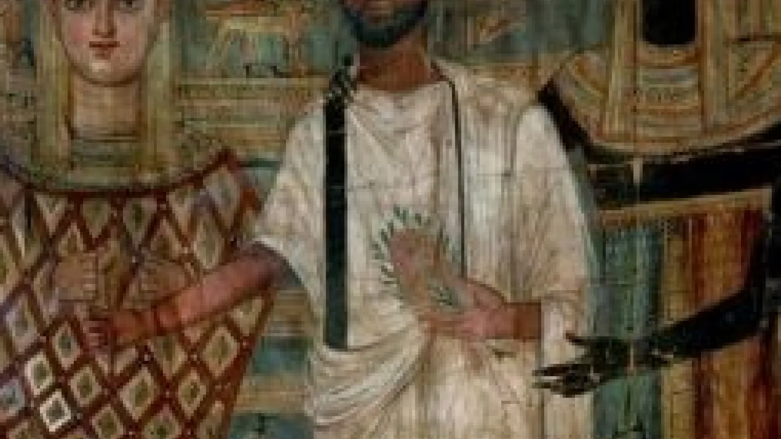 Shroud showing the deceased between Osiris and Anubis. Painting on Linen. Ptolemaic Egypt, 180 BCE. Aegyptisches Museum, Staatliche Museen, Berlin, Germany
